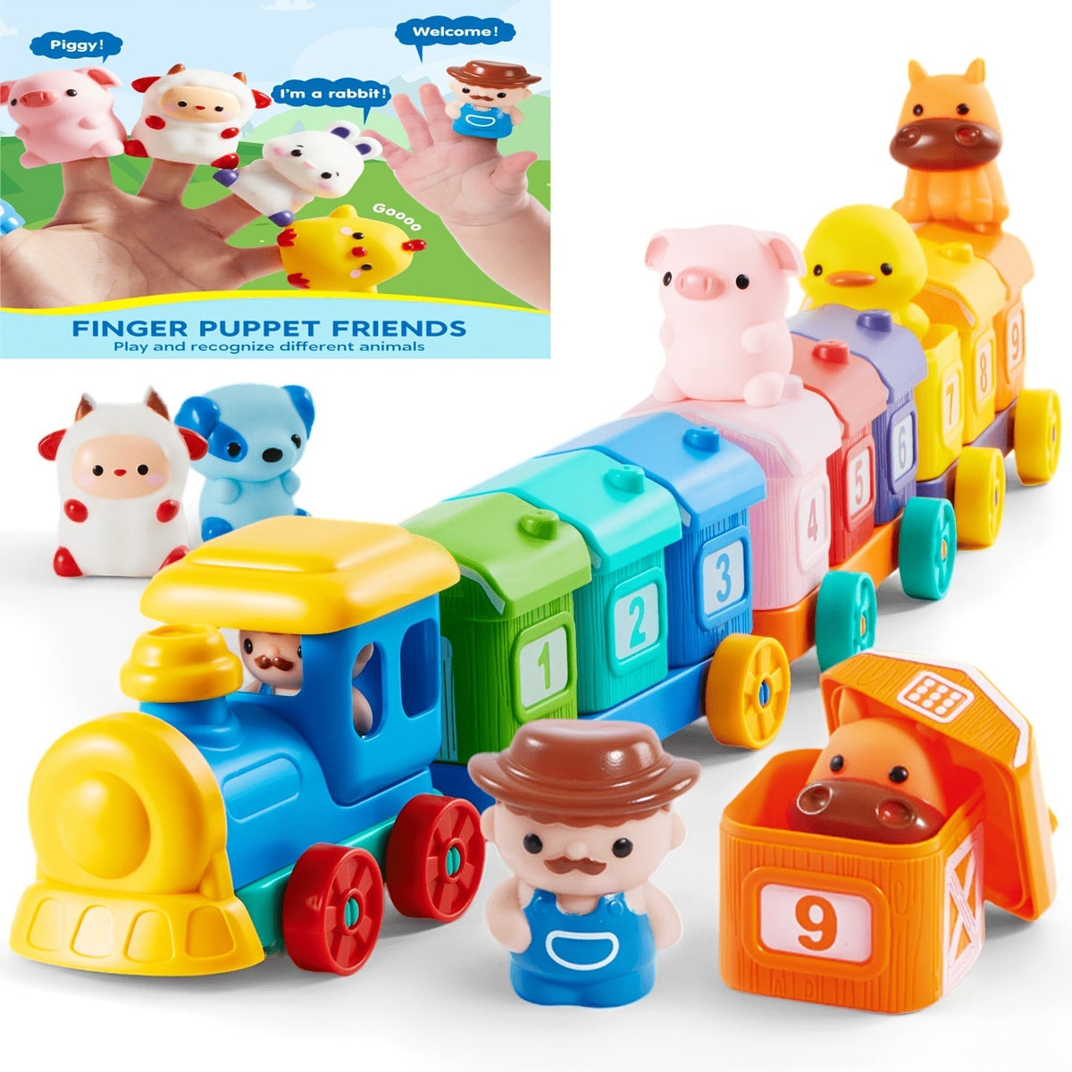 Farm Number Train Learning Toy for Toddlers with 9 Farm Animals & Farmer with the Listed Color, Size or Set Options for Every