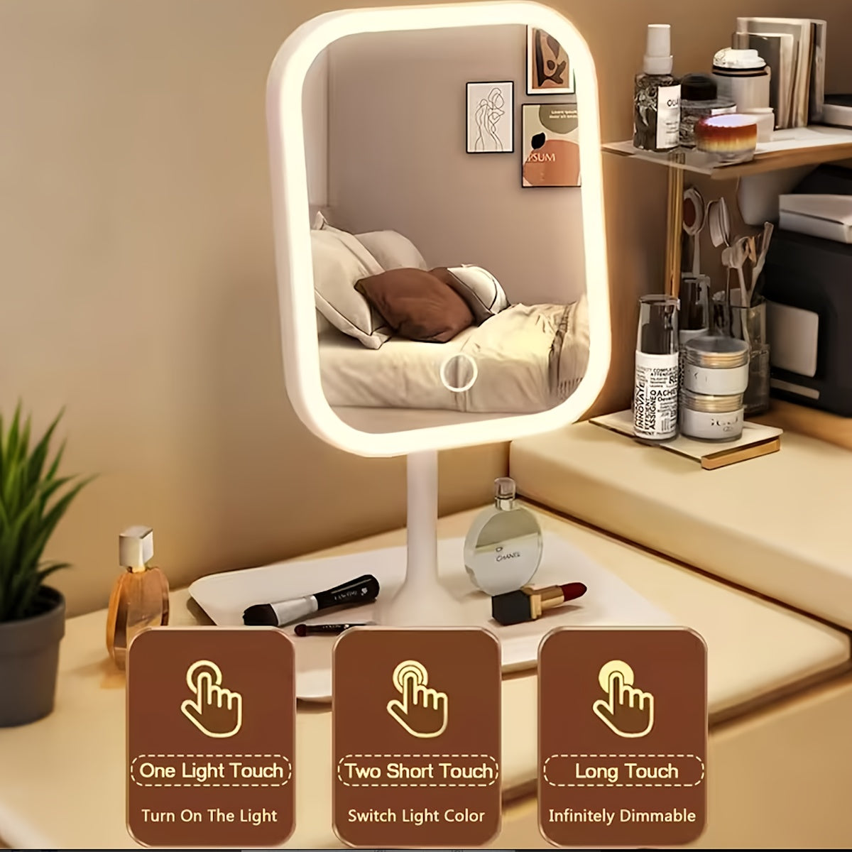 LED Makeup Mirror with Lights Rechargeable, Foldable Lighted Vanity Mirror 3 Color Modes Touch Dimming Portable Stand — image