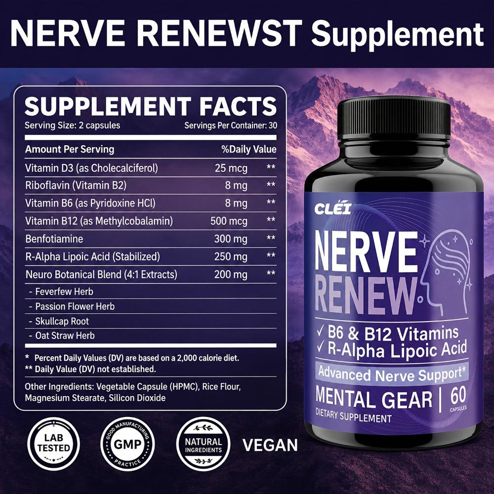 Nerve Renew Capsules with Vitamin B Complex & R-Alpha Lipoic Acid, Neuro Botanical Antioxidant Blend for Nerve Health — image