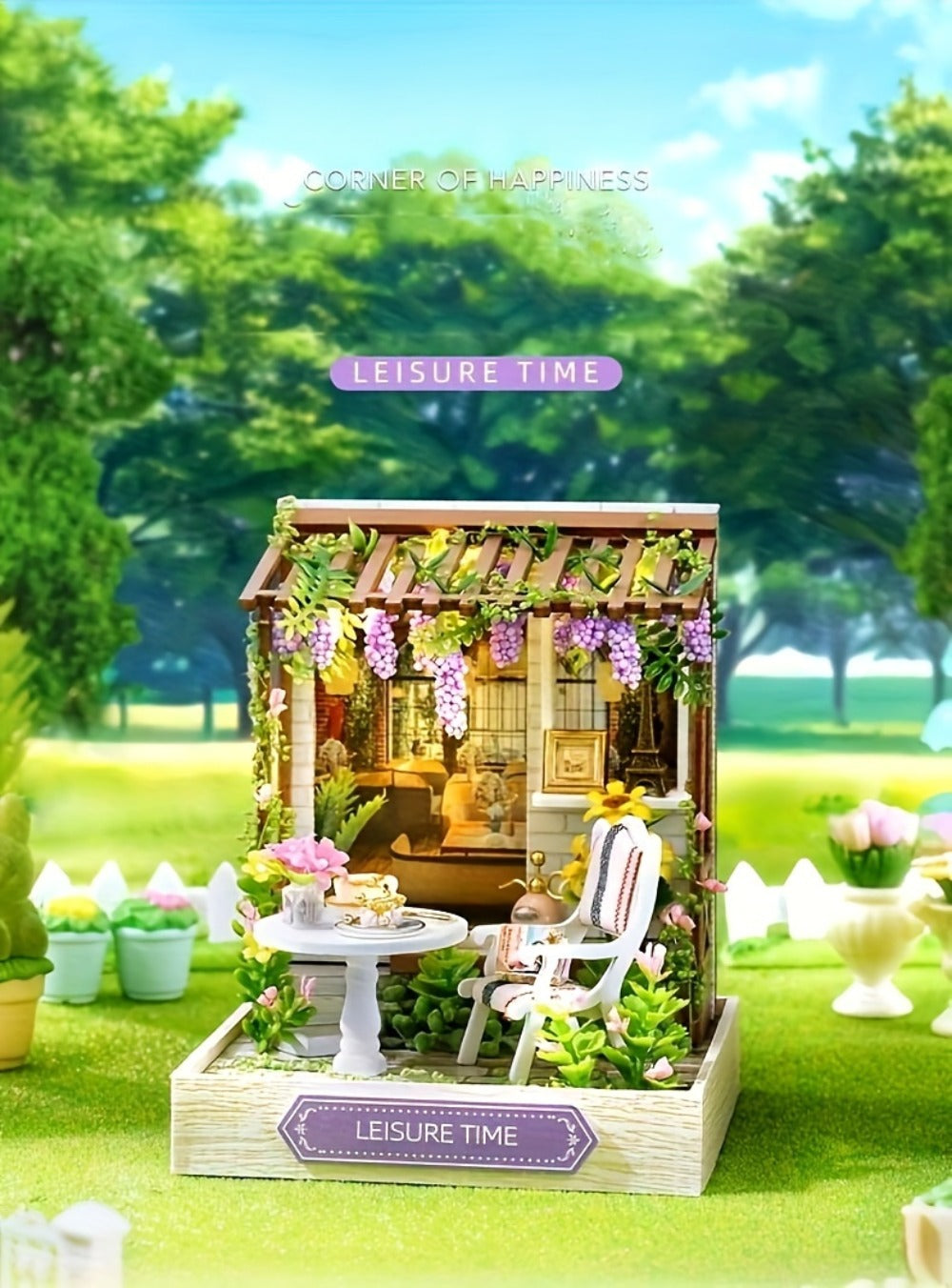 DIY Wooden Tiny House Kit with Dust Cover, Handmade Miniature Dollhouse Puzzle, 3 Themes Afternoon Tea Rotating Food House Mo