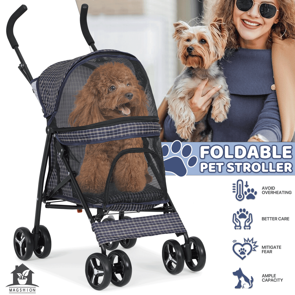 Four-Wheel Pet Stroller with Mesh Cabin, Folding Frame, Lower Basket and Ten Color or Print Options — image 19