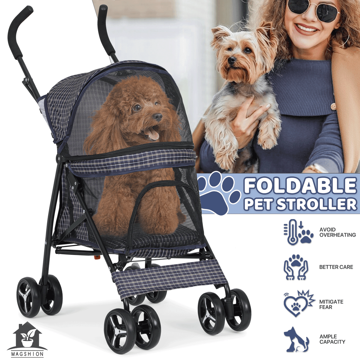 Four-Wheel Pet Stroller with Mesh Cabin, Folding Frame, Lower Basket and Ten Color or Print Options — image 19