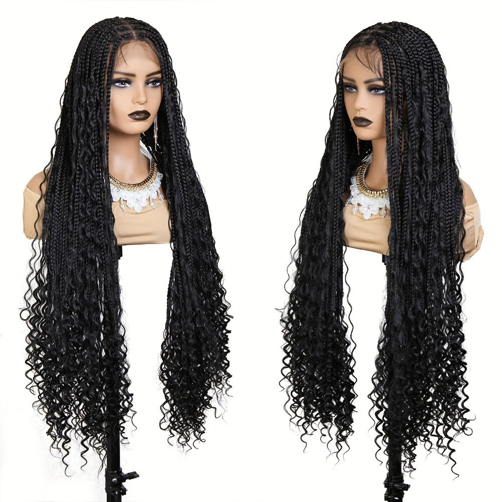 Extra-Long Black Box-Braid Wig with Curly Ends, Lace Cap and 48-Inch Checkout Length for Styling — image 4