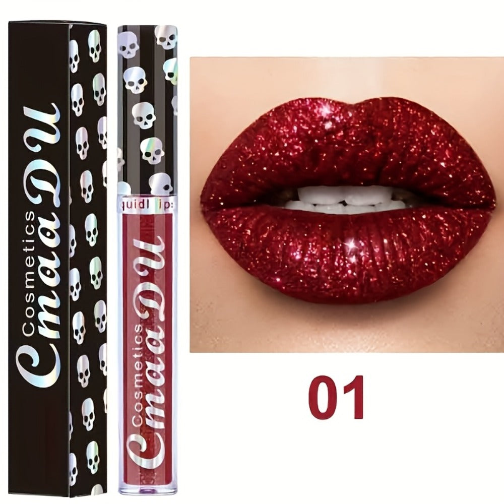 Glitter Lip Gloss Set 3pcs Skull Design Shimmer Liquid Lipstick Long Lasting Easy Remove Bold Shiny Lip Color for Music Festi