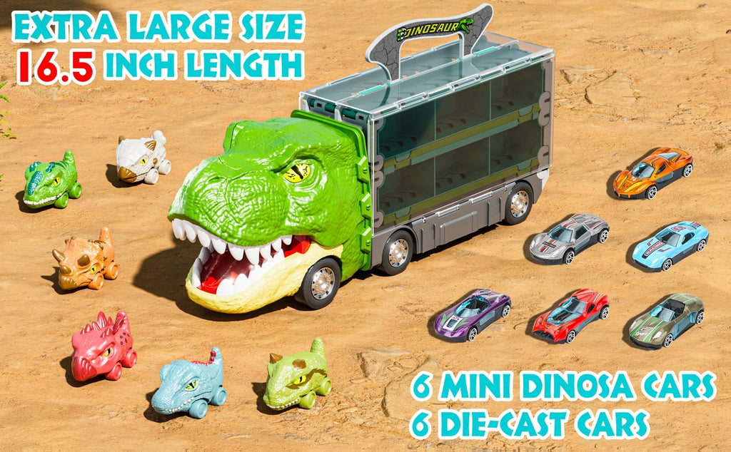 Dinosaur Truck Toys 13-in-1 Transport Carrier with 63-Inch Foldable Race Track, 6 Dino Cars + 6 Die-Cast Cars — image 15