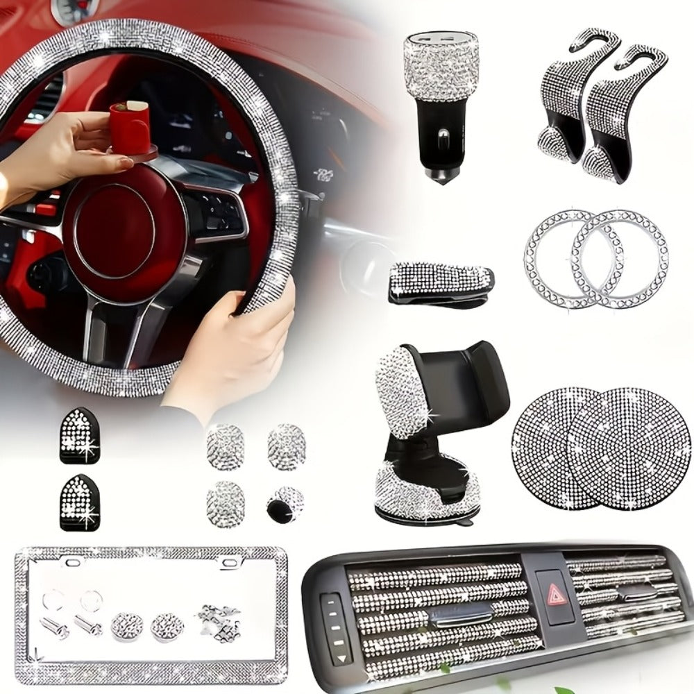 27pcs Bling Car Accessories Set for Women – Steering Wheel Cover 15", Car Coasters, License Plate Frame & Phone Holder — imag