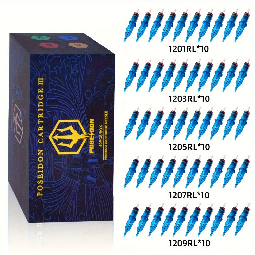 Tattoo Needles 50Pcs Round Liner Shader - POSEIDON V3 12RL 12RS Membrane Safety for Temporary Body Art, Festivals and Costume