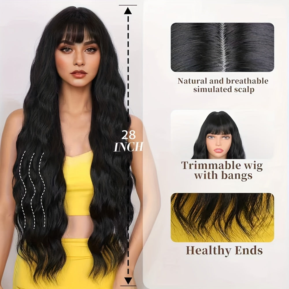 Synthetic Wig 28-Inch Black Body Waves with Bangs and Adjustable Buckle Net Cap for Daily and Party Styling — image 4