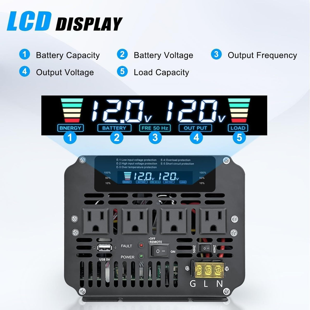 Pure Sine Wave Power Inverter 4000W 8000W Peak DC 12V to AC 110V with LCD Display Remote Control 4 AC for Garden, Patio and Y