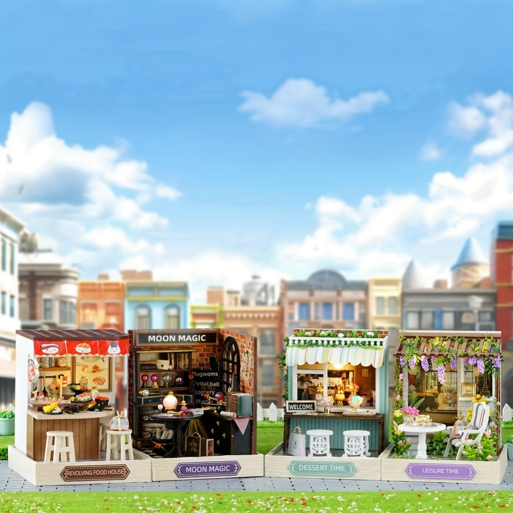 DIY Wooden Tiny House Kit with Dust Cover, Handmade Miniature Dollhouse Puzzle, 3 Themes Afternoon Tea Rotating Food House Mo