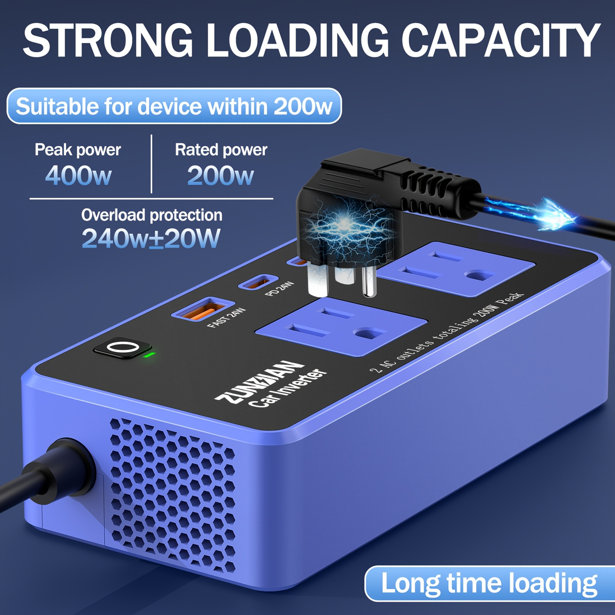 Car Inverter Charger 200W DC 12V to AC 110V with PD 24W USB-C QC 24W Quick Charge Car Plug Adapter US Socket for Vehicle Offi
