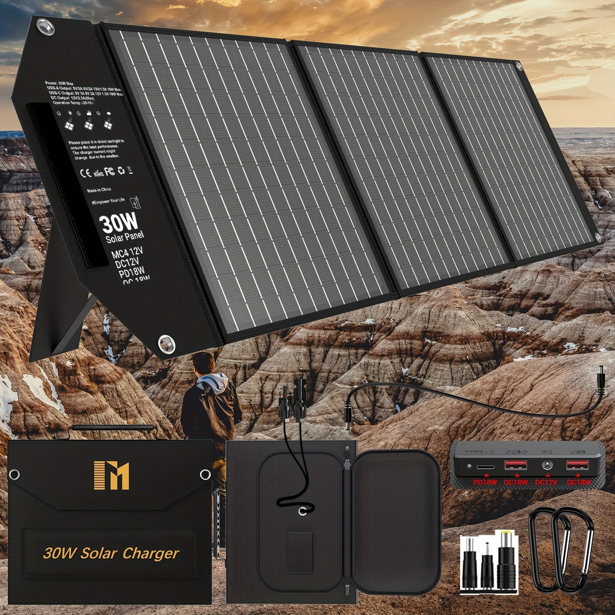Portable Solar Panel Charger 30W 60W, Foldable Monocrystalline with 18V MC4, DC 12V, USB-A QC3.0 & USB-C PD 18W for Camping —