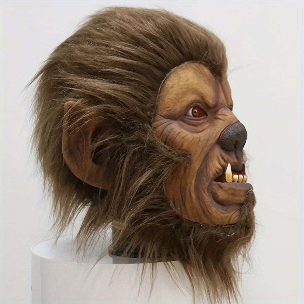 Hairy Brown Beast Costume Mask with Full-Head Creature Face, Pointed Ears and Faux-Fur Surround — image 5