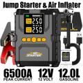 6500A Jump Starter with 150PSI Built-in Air Compressor QC3.0 USB-A USB-C LED Flashlight Smart Safety for Garden, Patio and Ya