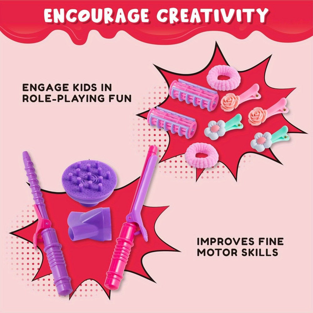 Girls Beauty Salon Toy Set 17 PCS, Pretend Play Hair Stylist Kit with Working Hairdryer Mirror Curling Wands Combs Clips & Je