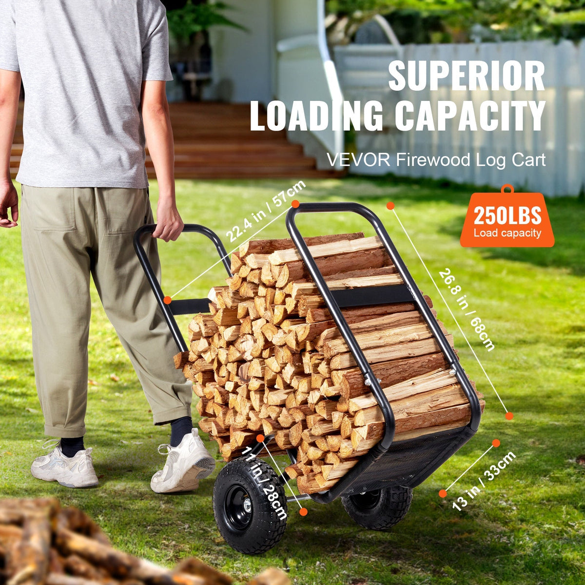 Firewood Log Cart, Carbon Steel Wood Carrier with Pneumatic Rubber Wheels for Garden, Patio and Yard Use — image 3