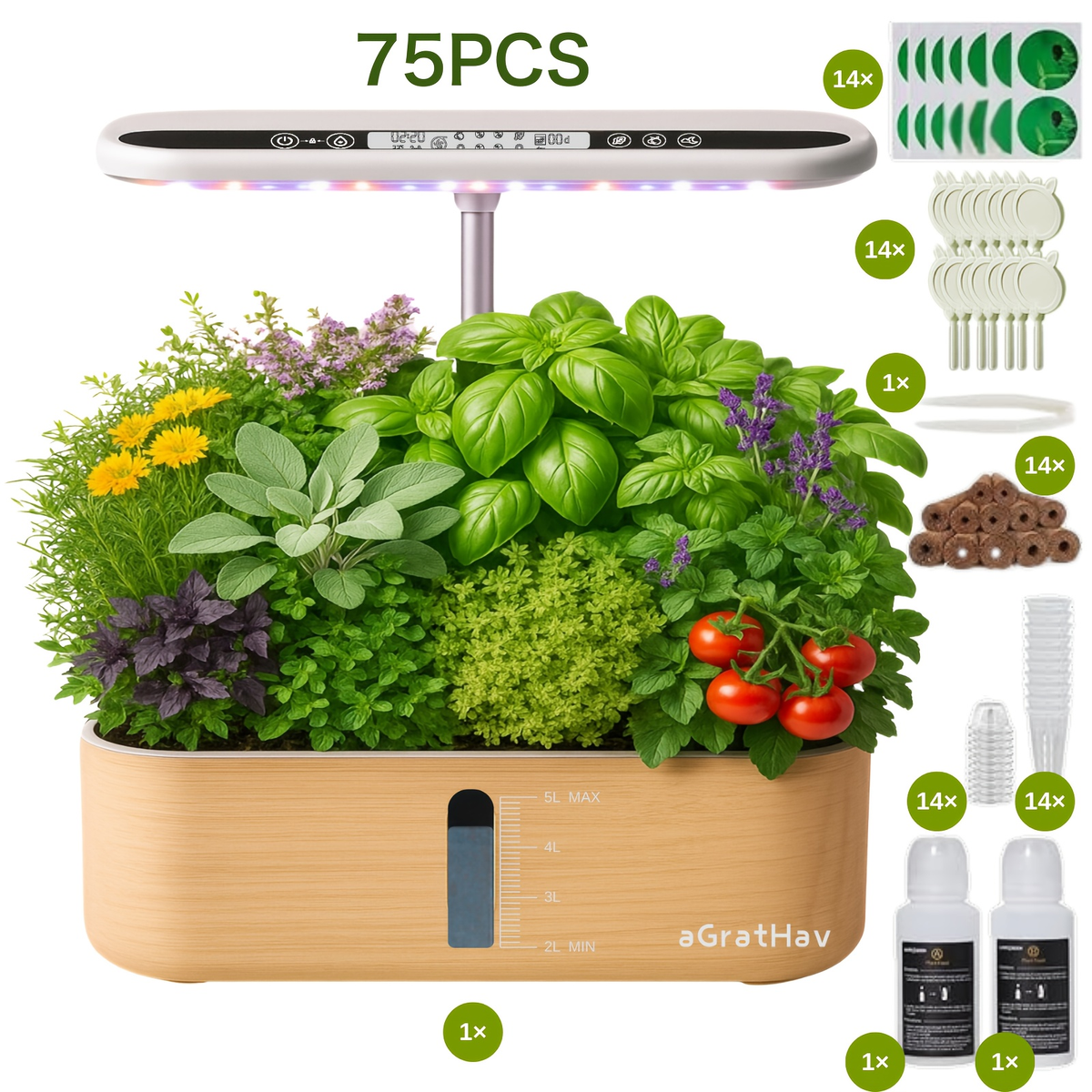 Hydroponic Garden Kit 14-Pod with LED Grow Light – Smart Timer, Quiet Pump & 1.32 Gal Tank, 75-Piece Indoor Herb Garden Syste