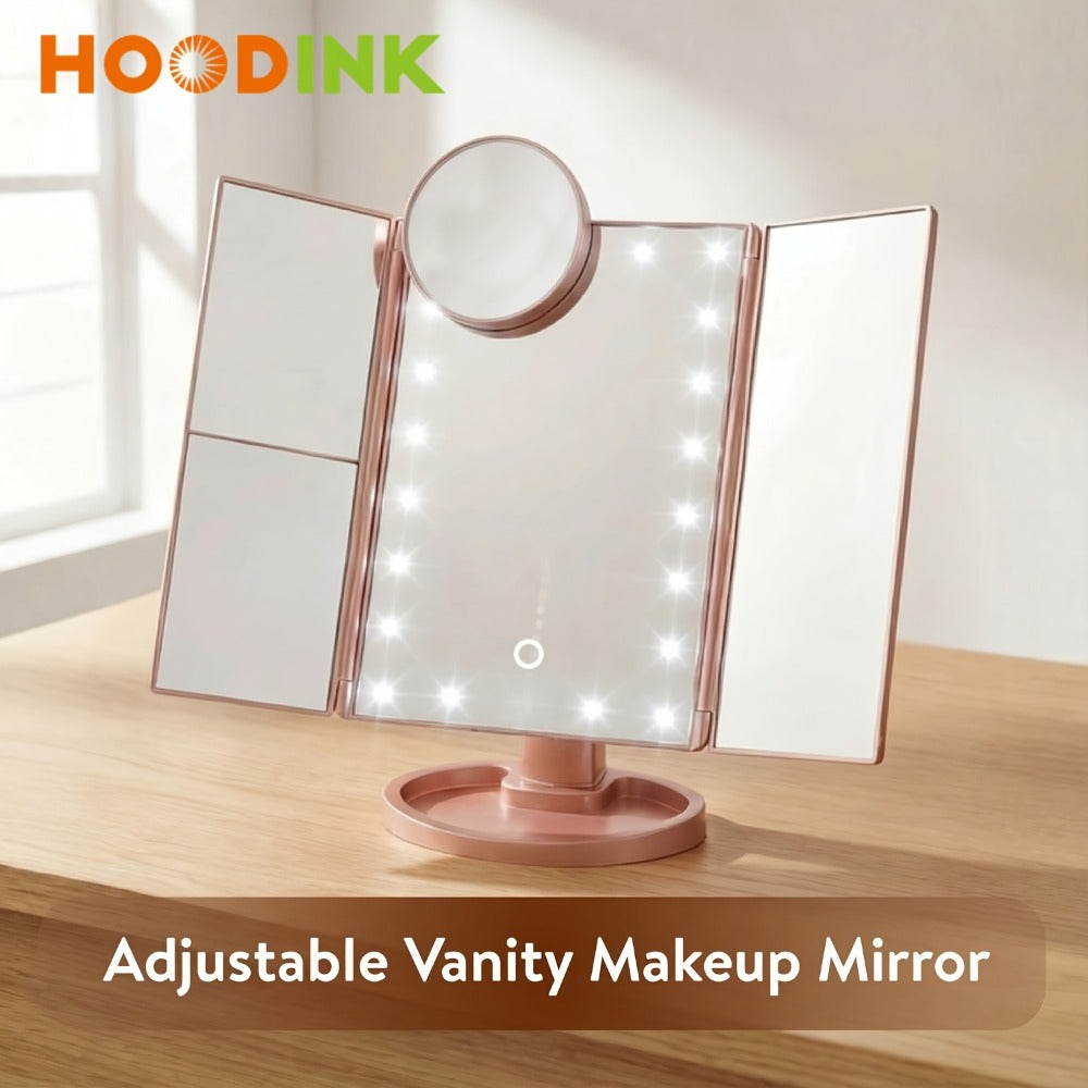 Vanity Mirror with Lights Tri-Fold 21 LED Lighted Makeup Mirror Touch Control 1X 2X 3X 10X Magnification 360 Rotation Dual Po