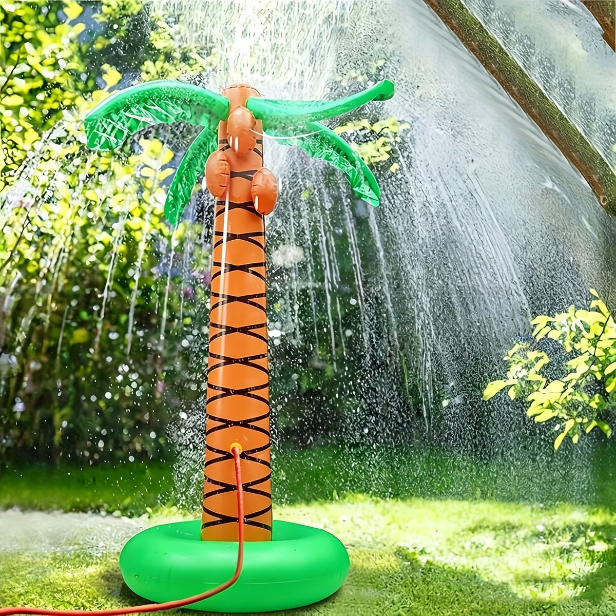 61-Inch Inflatable Palm Tree Sprinkler with 360-Degree Water Spray, Hose Connector and Mixed Tropical Colors — image 1