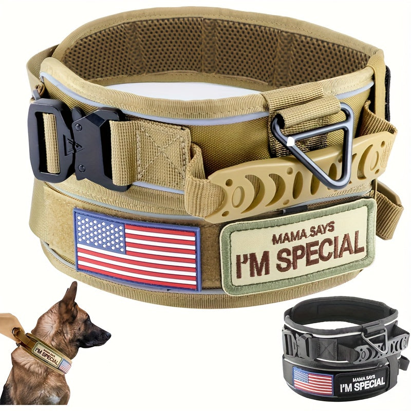Wide Tactical Dog Collar with Padded Grab Handle, Reflective Stitching, Two Patches and M–XL Sizing — image 1