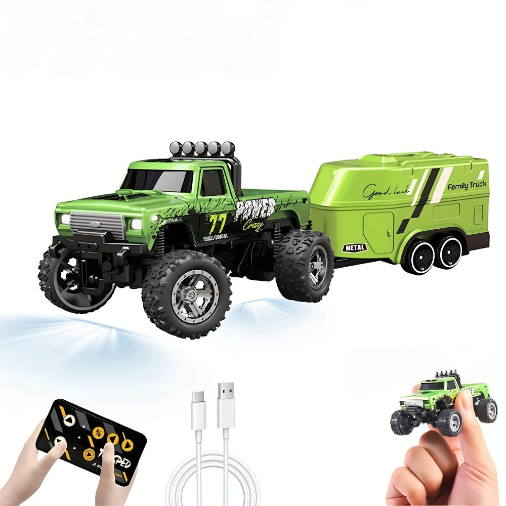 Mini RC Truck Toy 1:64 Scale 2.4GHz Off-Road Alloy Crawler with Detachable Trailer Body Lights & LED Headlights — image 6