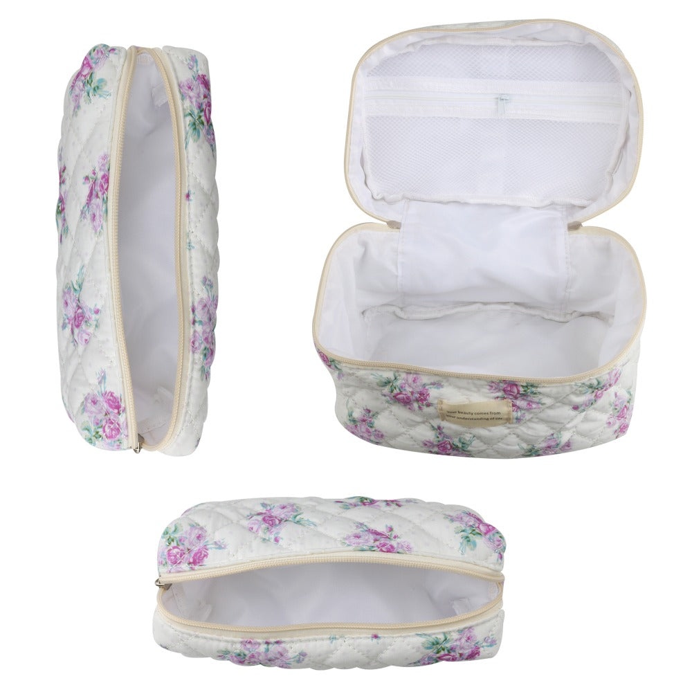 Quilted Floral Makeup Bag Set 3PCS Large Capacity Dual Layer Cotton Cosmetic Bags Coquette Aesthetic Travel Toiletry Organize