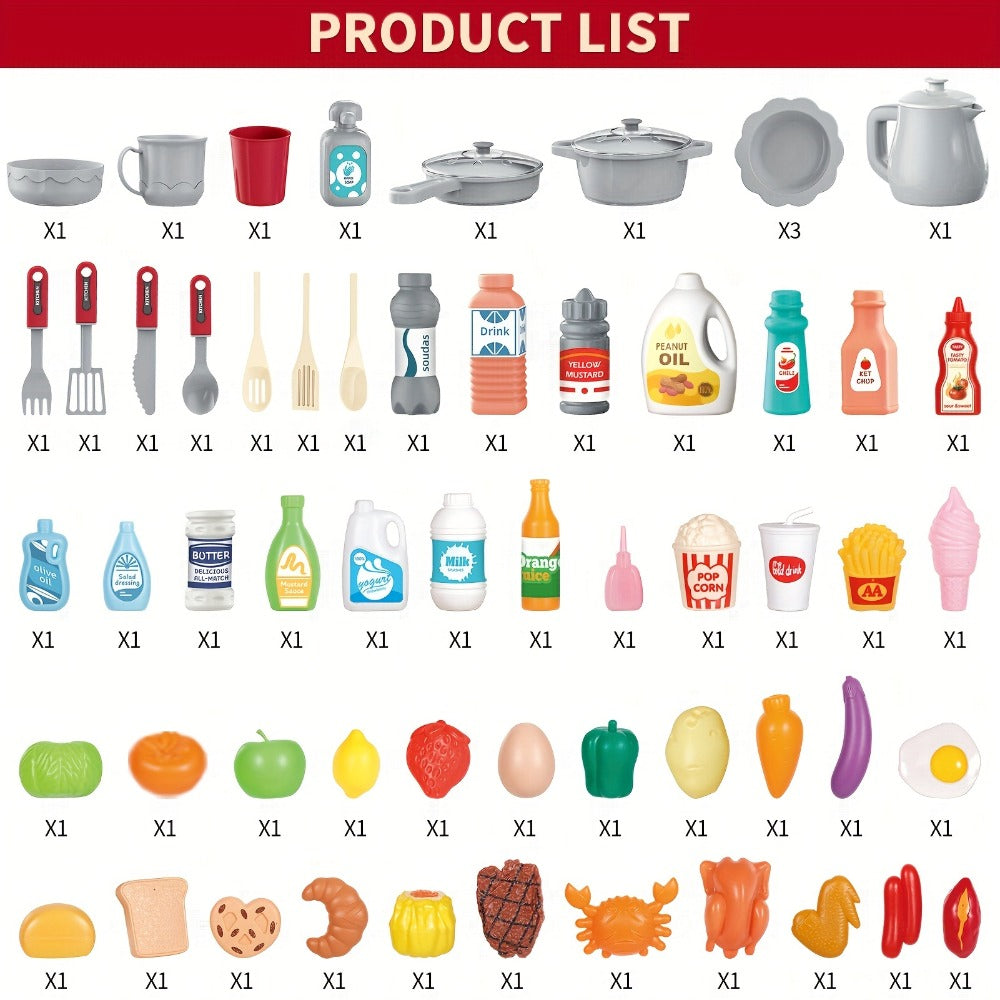 Play Kitchen Set with Lights Sounds & Spray, Toy Kitchen Playset with Oven Sink Fridge & Play Food for Kids Ages 3 4 5 6 7 8 