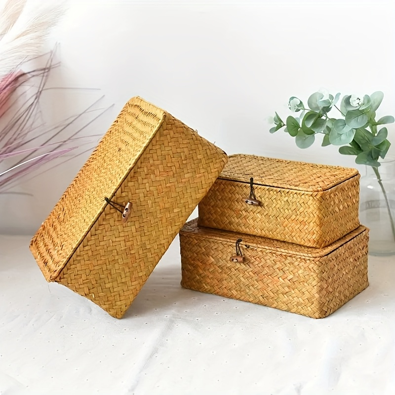 Rattan Storage Baskets Set of 3 with Lattice Lids and Label Holders in Graduated Sizes for Home Organization — image 5