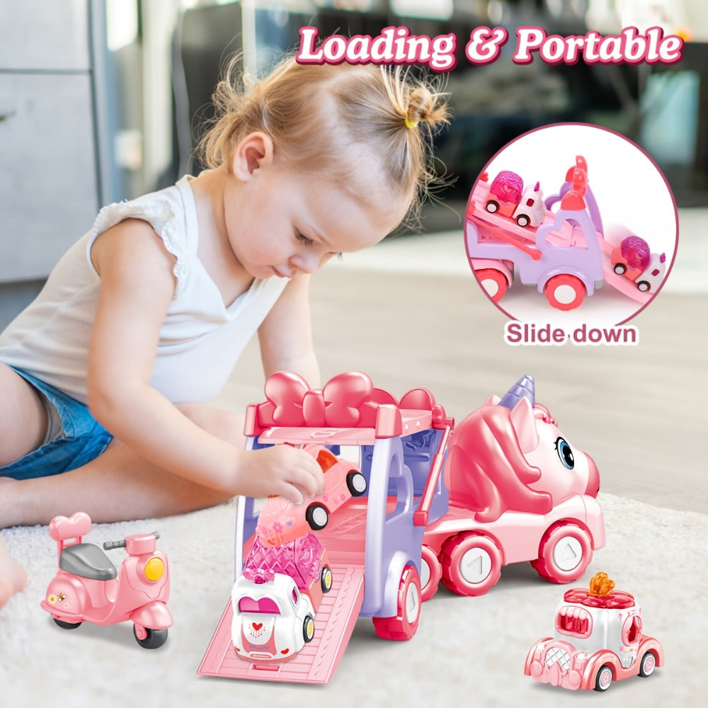Pink Carrier Truck Toy with 4 Mini Cars, Music & Lights, Battery Powered Pull-Back Transport Vehicle for Girls Boys Ages 3+ —
