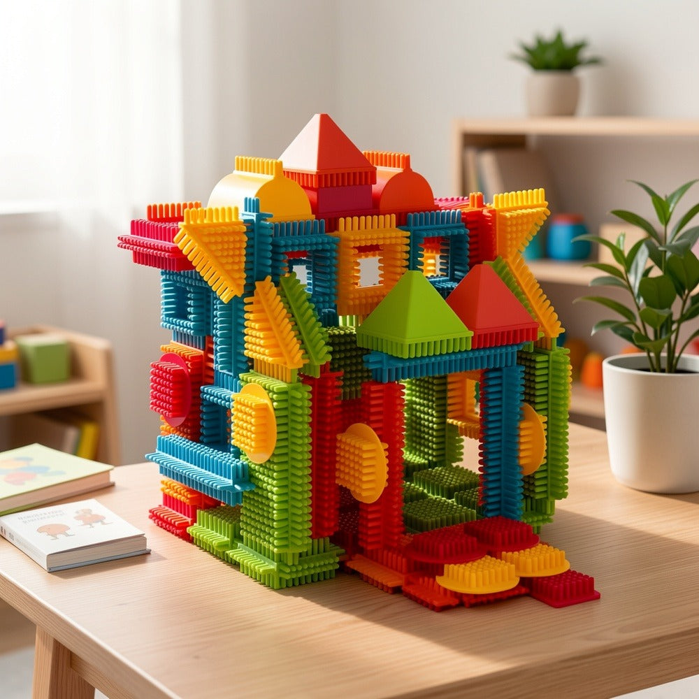 Building Block Set Bristle Construction Pieces, 150-Piece Colorful Interlocking Shapes with Storage Tub — image 8