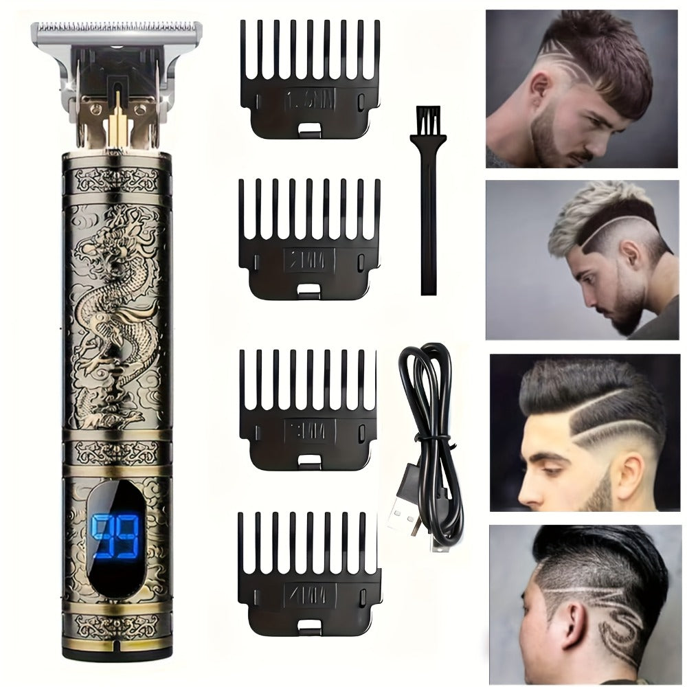 Hair Clippers & Trimmers Vintage Gold T-Blade Model with LCD Display, USB Charging and Three Etched Designs — image 7