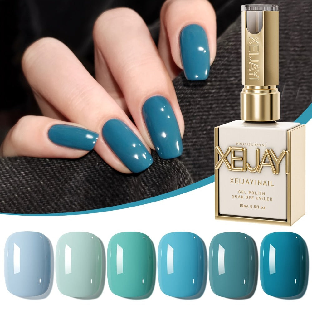 Gel Nail Polish Set with XEIJAYI Label, 6 Peacock Sky Sapphire and Navy Blue Colors for UV LED Cure — image 1