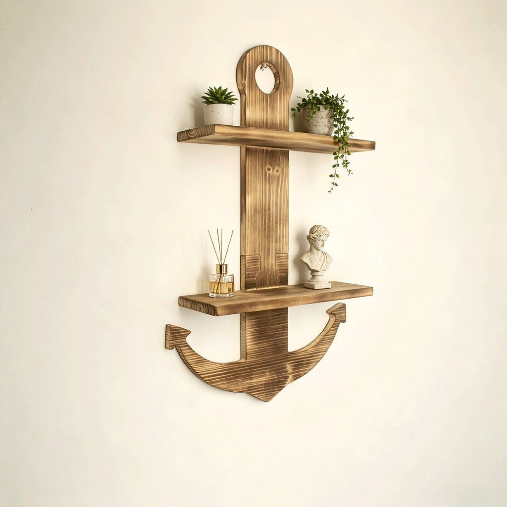 Floating Wall Shelves Solid Wood 2-Tier Nautical Anchor Shelf Handcrafted Heavy Duty Wall Mounted Organizer for Bedroom Livin