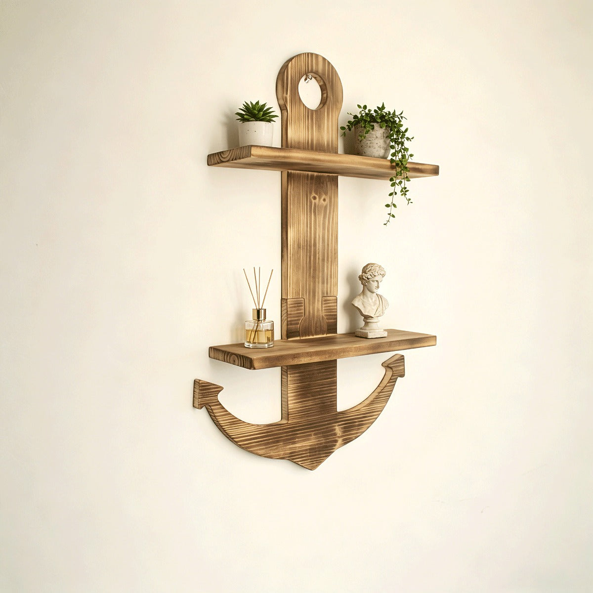 Floating Wall Shelves Solid Wood 2-Tier Nautical Anchor Shelf Handcrafted Heavy Duty Wall Mounted Organizer for Bedroom Livin