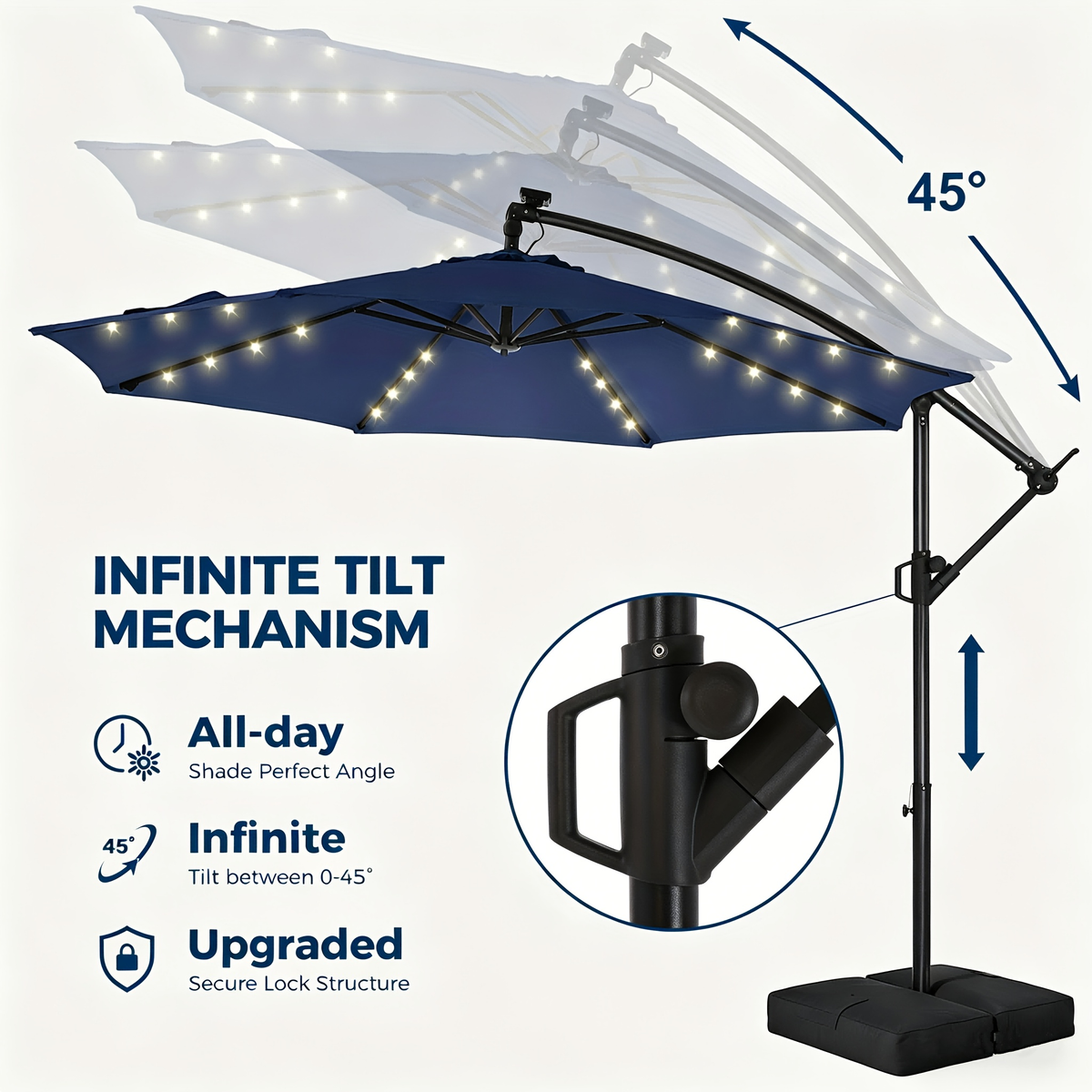 Patio Umbrella 10FT Solar LED Cantilever Style with 32 Lights, Eight-Rib Frame, Tilt and Four Colors — image 8