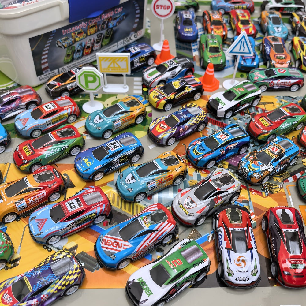 64 Pcs Pull Back Toy Car Set with City Map, Traffic Signs & Storage Box, 56 Mini Die-Cast Vehicles for Kids Boys Girls Ages 3