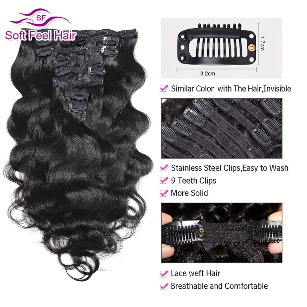 Clip In Human Hair Extensions Body Wave 8pcs 120g Full Head Real Human Hair Clip Ins Natural, for Home, Travel and Salon Hair
