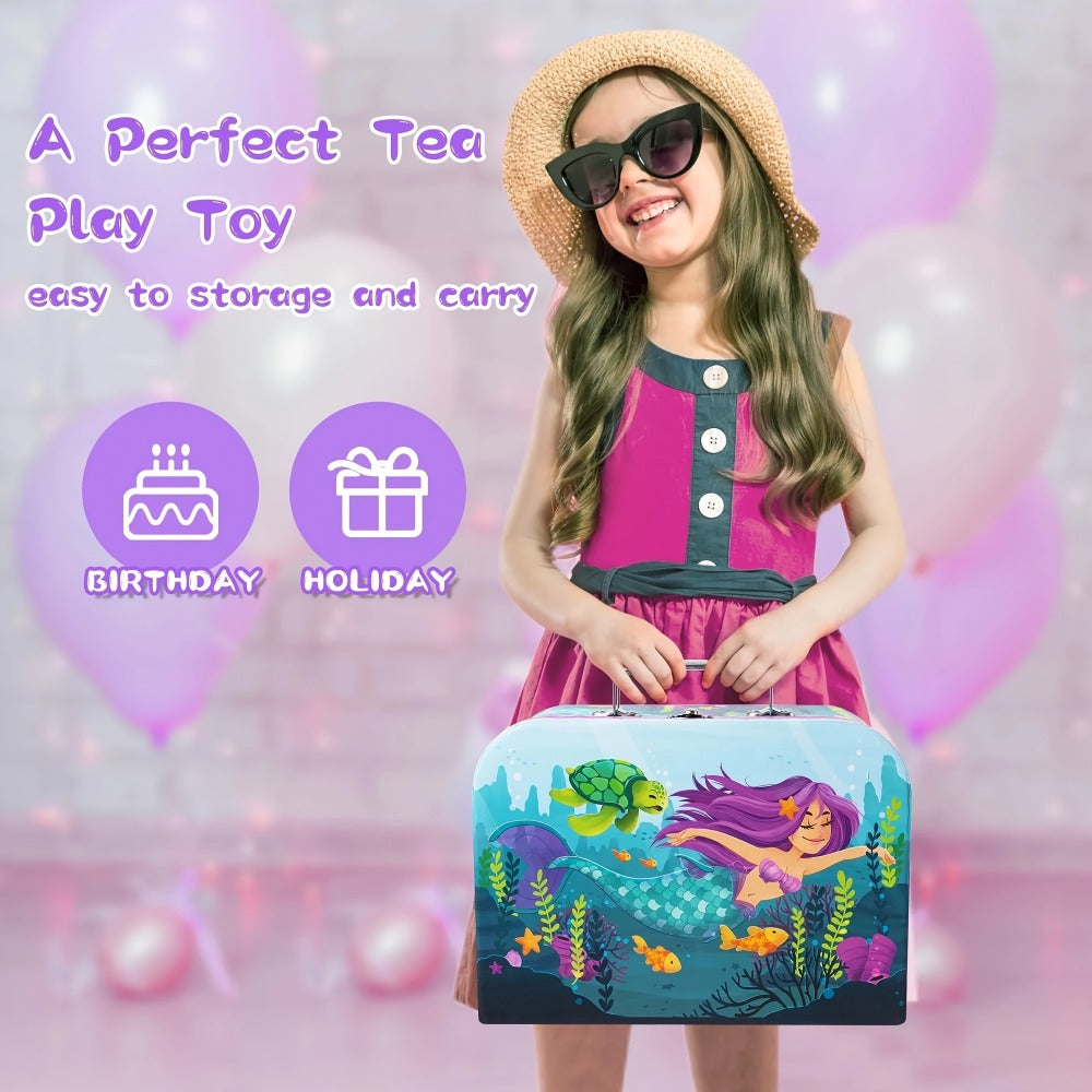 Mermaid Tea Party Set for Girls 21pcs, Tin Teapot, 4 Cups, Saucers, Plates & Carrying Case, Pretend Play Kitchen Toy for Todd