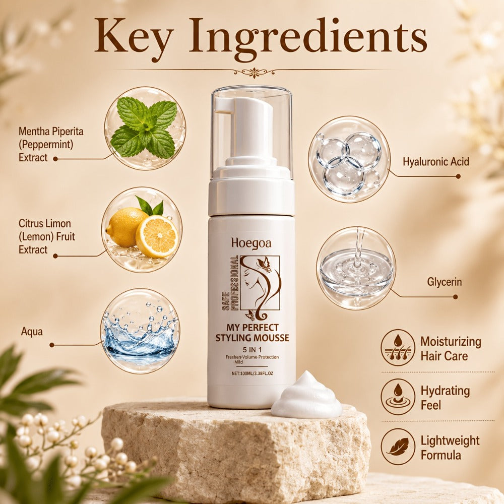 Hair Styling Mousse with Mint Extract & Hyaluronic Acid – Long-Lasting Flexible Hold, Moisturizing Mild Formula, Frizz Contro