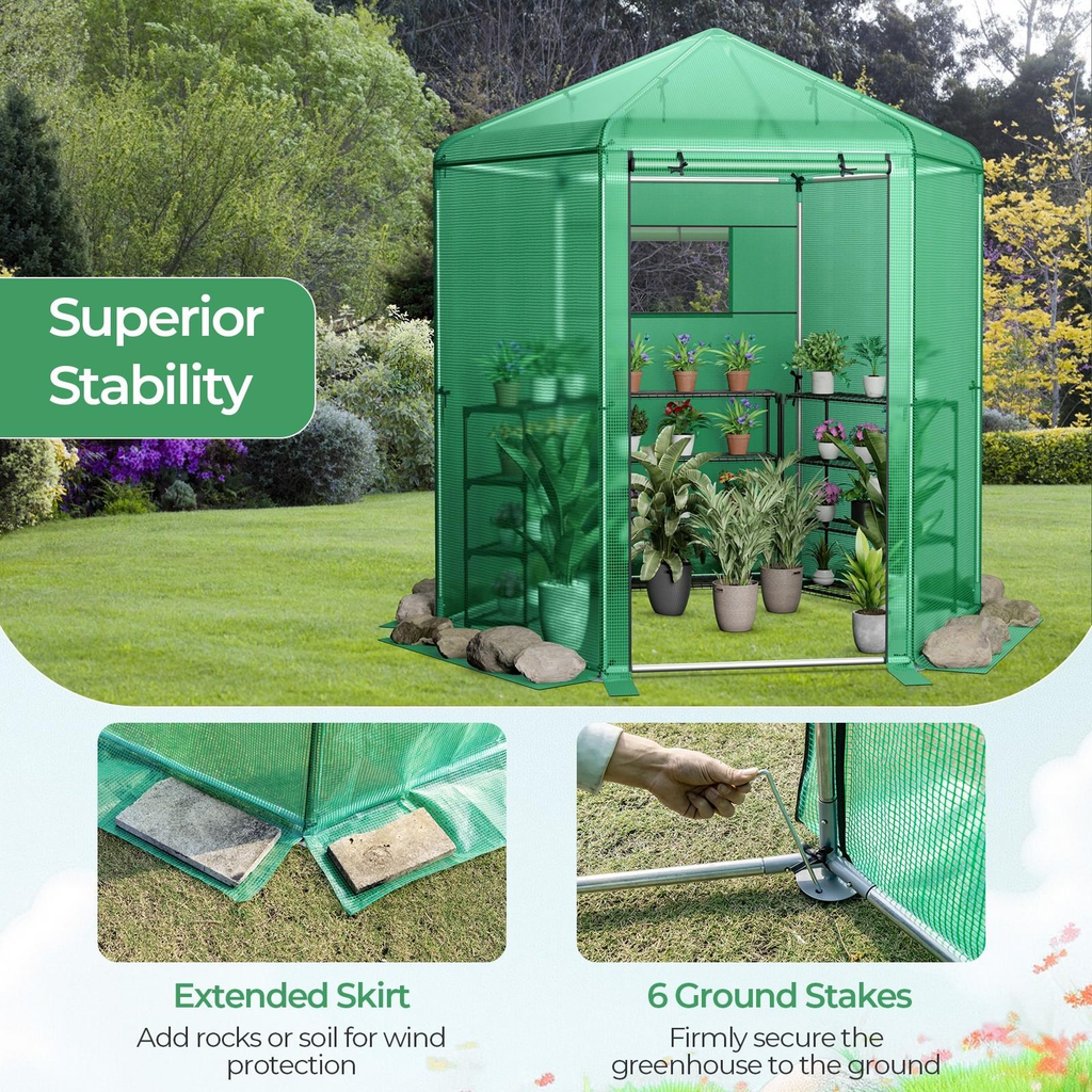 85 x 72 x 90-Inch Walk-In Greenhouse with Green Grid Cover, Roll-Up Door, Mesh Window and Six Ground Stakes — image 6
