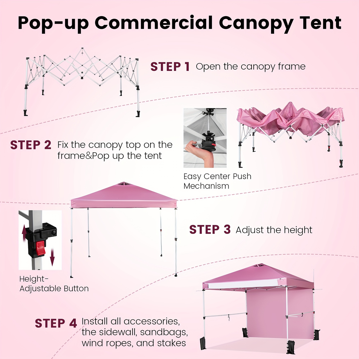 Pink 10x10ft Commercial Pop-Up Canopy Tent with Sidewall, Hanging Bars, Crossbars and Banner Strip — image 4