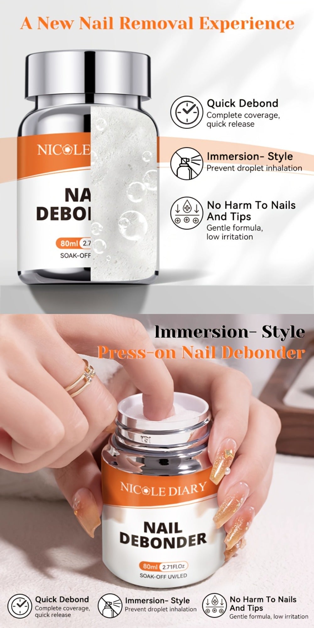 Press On Nail Debonder Remover 80ml – Fast 3-5 Second Soak-Off Liquid for False Tips, Rhinestone Glue Remover, No Damage Easy