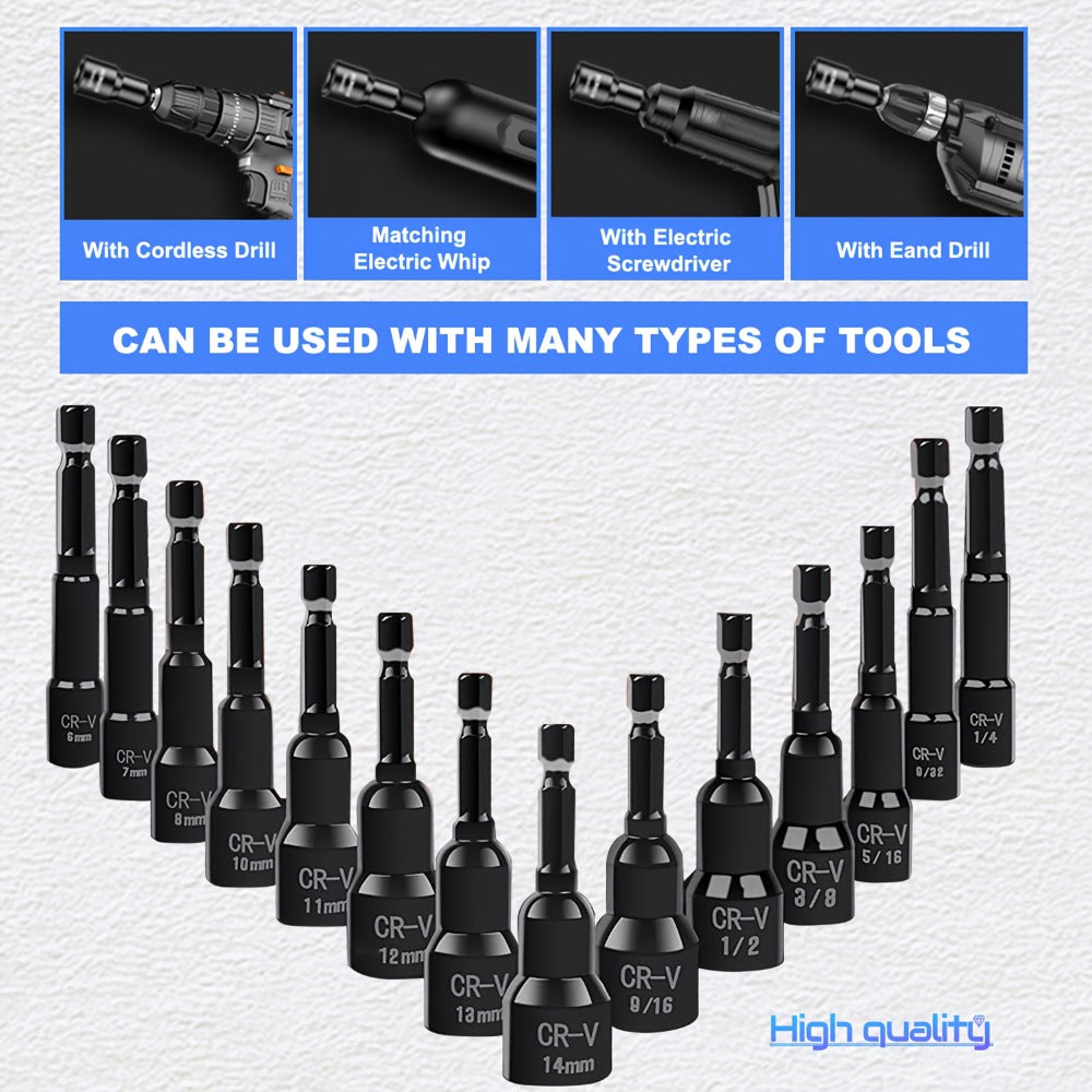 Magnetic Nut Driver Set 15-Piece 1/4" Hex Shank – SAE 1/4" to 9/16" & Metric 6-14mm Chrome Vanadium Steel Impact Nut Drivers 