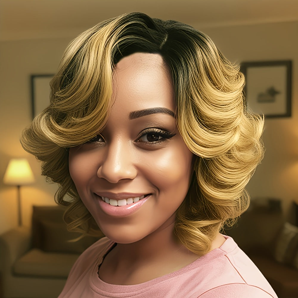Synthetic Wig 12-Inch Ombre Blonde Curly-Wave Bob with Dark Roots and Adjustable Cap for Party Styling — image 1