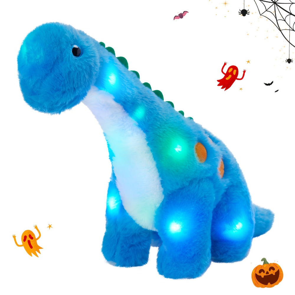 Plush Toy Blue Dinosaur with LED Glow and Optional Music for Colorful Interactive Display for Character Display, Room Decor a