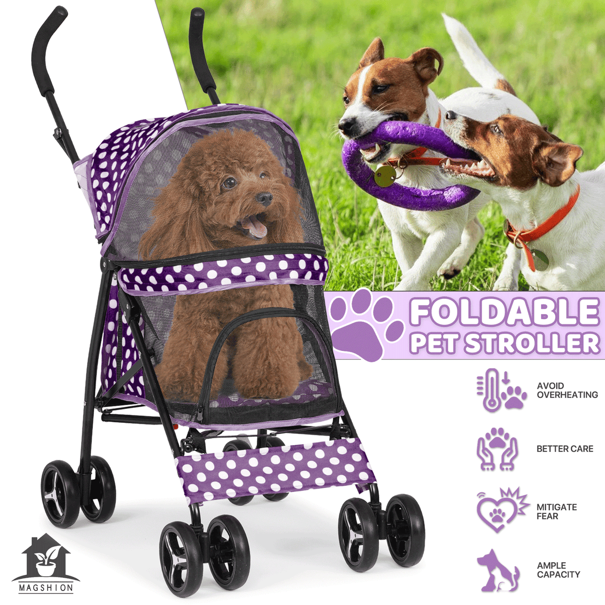 Four-Wheel Pet Stroller with Mesh Cabin, Folding Frame, Lower Basket and Ten Color or Print Options — image 20