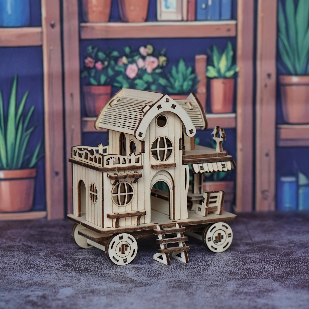 3D Wooden Puzzle Mobile Home on Wheels – DIY Café Bar Model Kit, Handcrafted Miniature House Assembly, Unique Desk Decoration