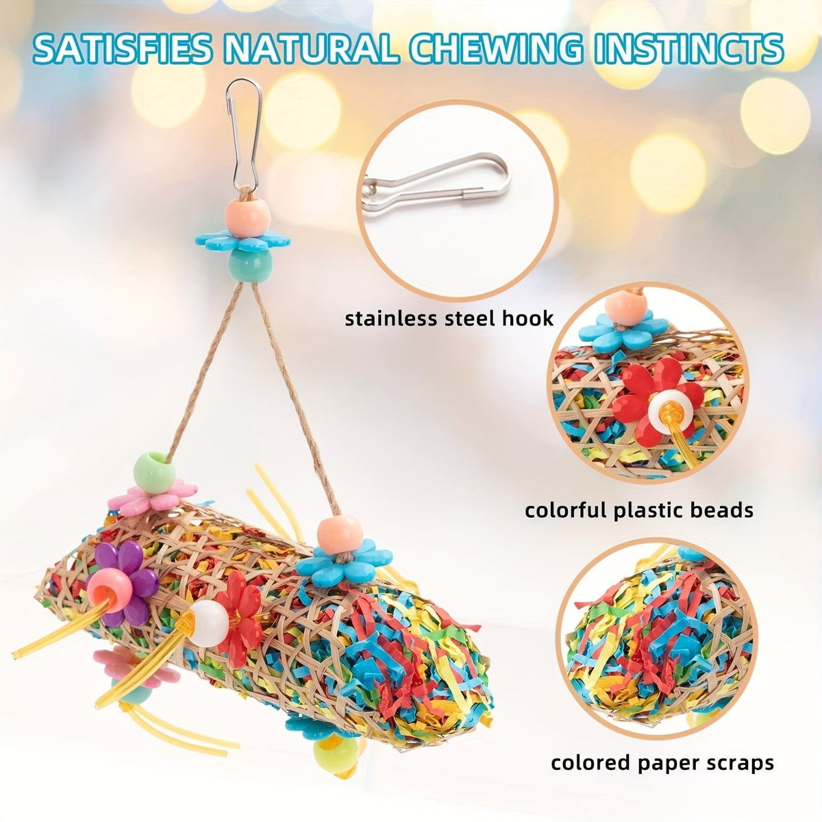 Six-Piece Hanging Bird Toy Set with Wood, Paper, Plastic Rings, Bell, Rope and Metal Hooks for Small Parrots — image 2
