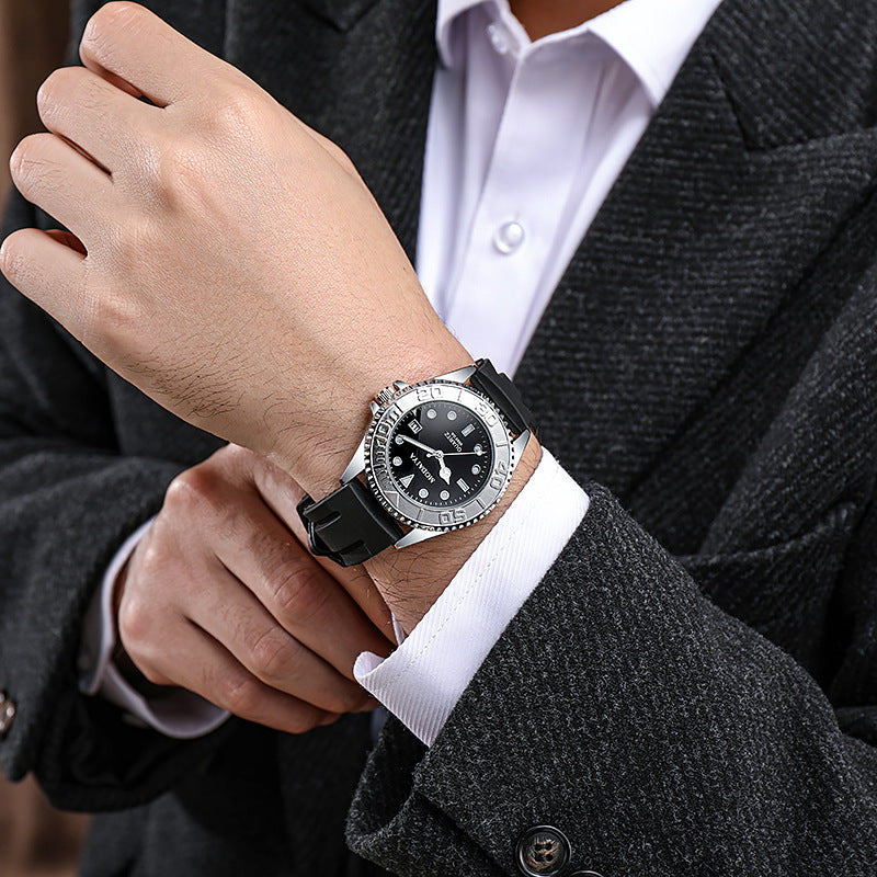 Silicone Steel Band Calendar Watch For Men Quartz Timepiece