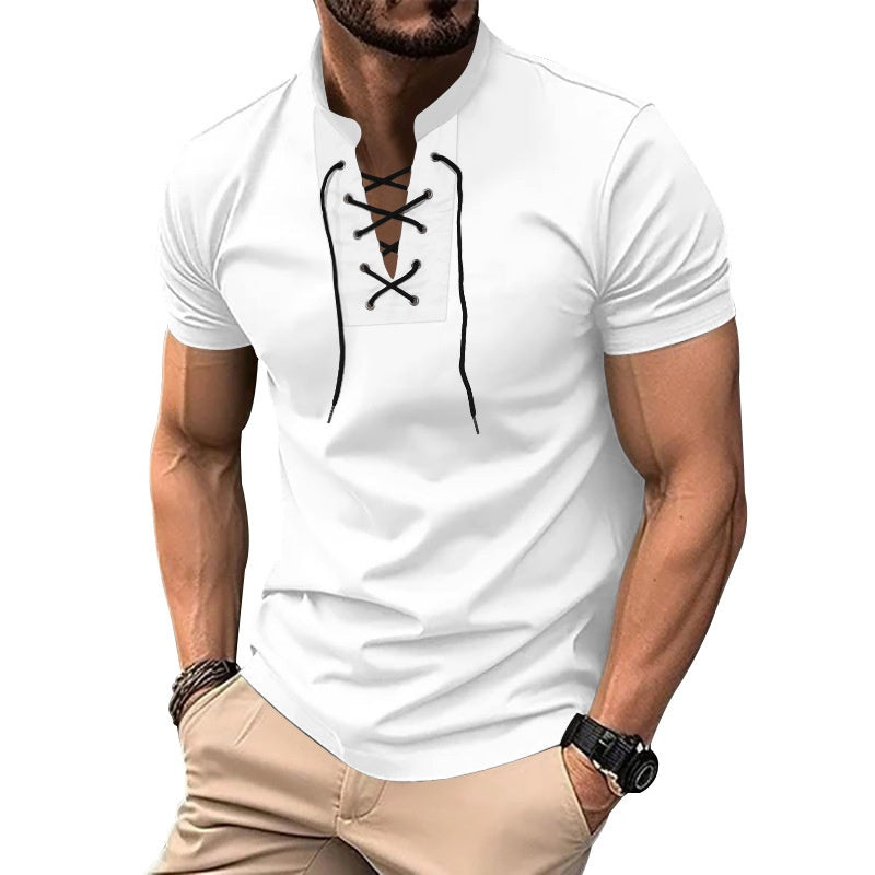 Men's Thin V-neck V-tie Casual Sporty Short Sleeve